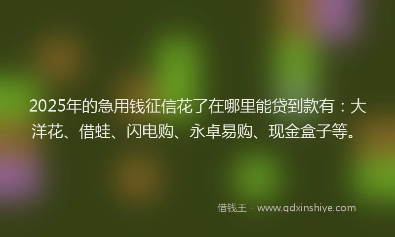 2025年的急用钱征信花了在哪里能贷到款有：大洋花、借蛙、闪电购、永卓易购、现金盒子等。
