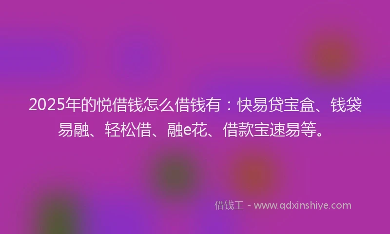 2025年的悦借钱怎么借钱有：快易贷宝盒、钱袋易融、轻松借、融e花、借款宝速易等。