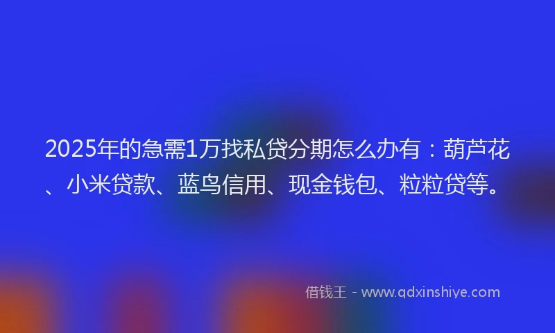 2025年的急需1万找私贷分期怎么办有：葫芦花、小米贷款、蓝鸟信用、现金钱包、粒粒贷等。