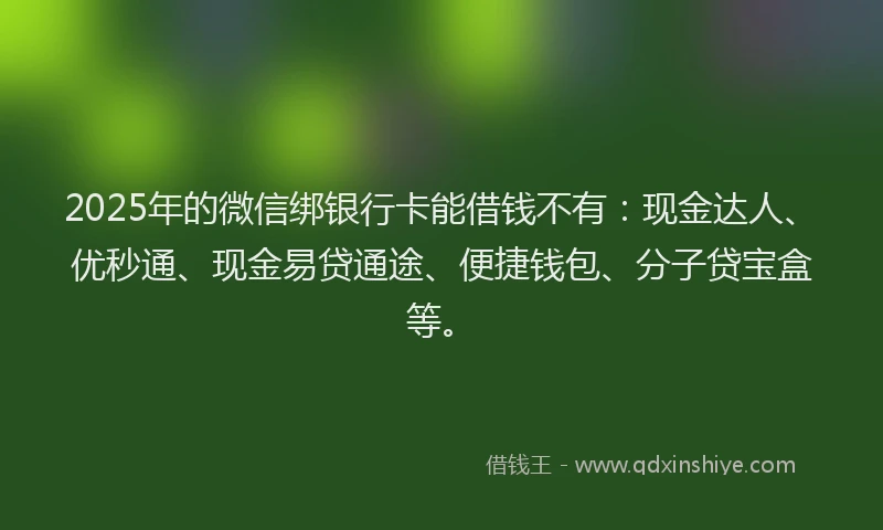 2025年的微信绑银行卡能借钱不有：现金达人、优秒通、现金易贷通途、便捷钱包、分子贷宝盒等。