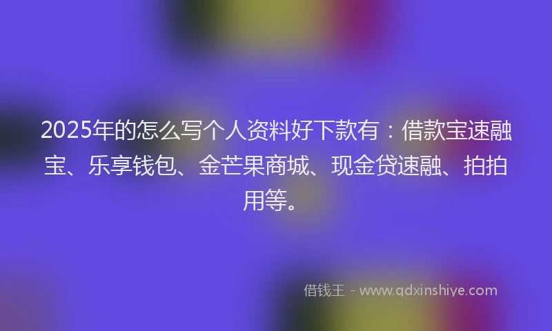 2025年的怎么写个人资料好下款有：借款宝速融宝、乐享钱包、金芒果商城、现金贷速融、拍拍用等。