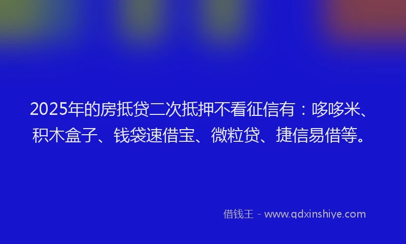 2025年的房抵贷二次抵押不看征信有：哆哆米、积木盒子、钱袋速借宝、微粒贷、捷信易借等。