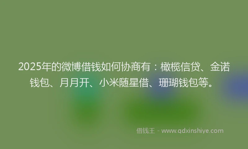 2025年的微博借钱如何协商有：橄榄信贷、金诺钱包、月月开、小米随星借、珊瑚钱包等。