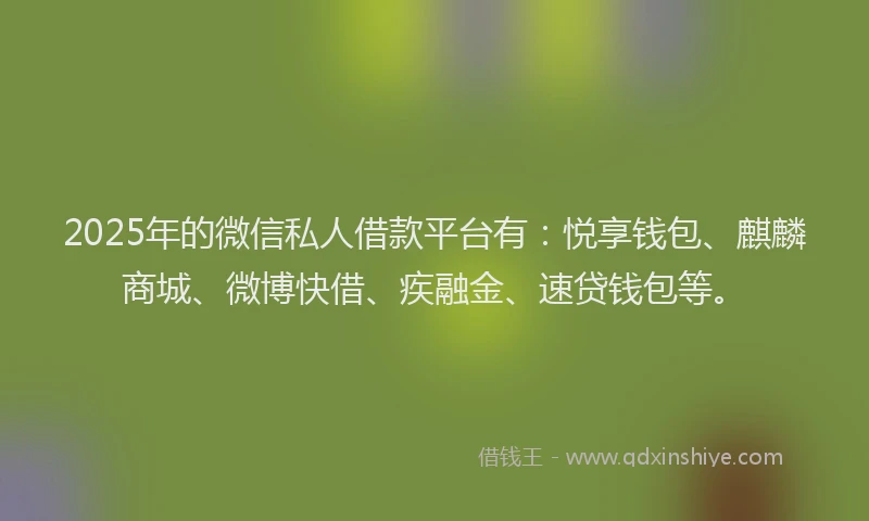 2025年的微信私人借款平台有：悦享钱包、麒麟商城、微博快借、疾融金、速贷钱包等。