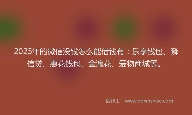 2025年的微信没钱怎么能借钱有：乐享钱包、瞬信贷、惠花钱包、金瀛花、爱物商城等。