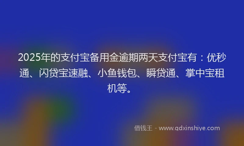 2025年的支付宝备用金逾期两天支付宝有：优秒通、闪贷宝速融、小鱼钱包、瞬贷通、掌中宝租机等。