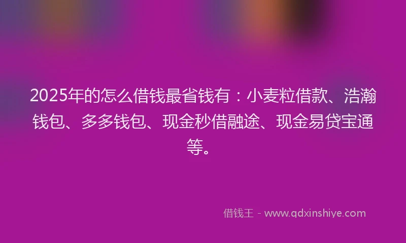 2025年的怎么借钱最省钱有：小麦粒借款、浩瀚钱包、多多钱包、现金秒借融途、现金易贷宝通等。