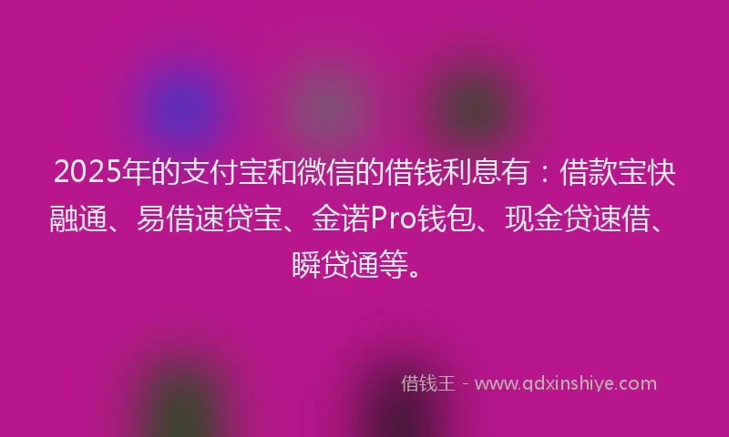 2025年的支付宝和微信的借钱利息有：借款宝快融通、易借速贷宝、金诺Pro钱包、现金贷速借、瞬贷通等。