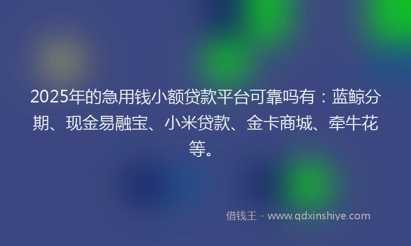 2025年的急用钱小额贷款平台可靠吗有：蓝鲸分期、现金易融宝、小米贷款、金卡商城、牵牛花等。
