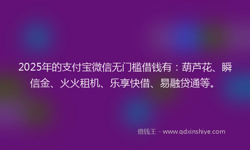 2025年的支付宝微信无门槛借钱有：葫芦花、瞬信金、火火租机、乐享快借、易融贷通等。