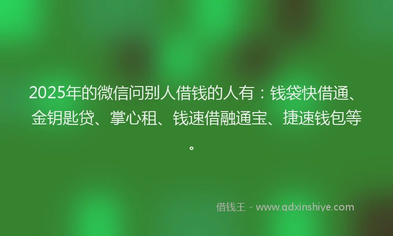 2025年的微信问别人借钱的人有：钱袋快借通、金钥匙贷、掌心租、钱速借融通宝、捷速钱包等。