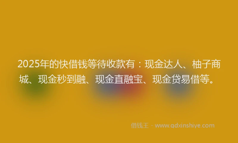 2025年的快借钱等待收款有:现金达人、柚子商城、现金秒到融、现金直融宝、现金贷易借等。