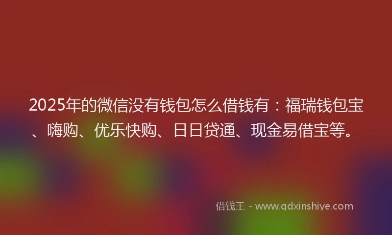 2025年的微信没有钱包怎么借钱有：福瑞钱包宝、嗨购、优乐快购、日日贷通、现金易借宝等。