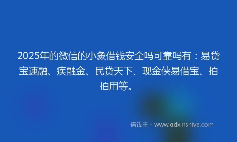 2025年的微信的小象借钱安全吗可靠吗有：易贷宝速融、疾融金、民贷天下、现金侠易借宝、拍拍用等。