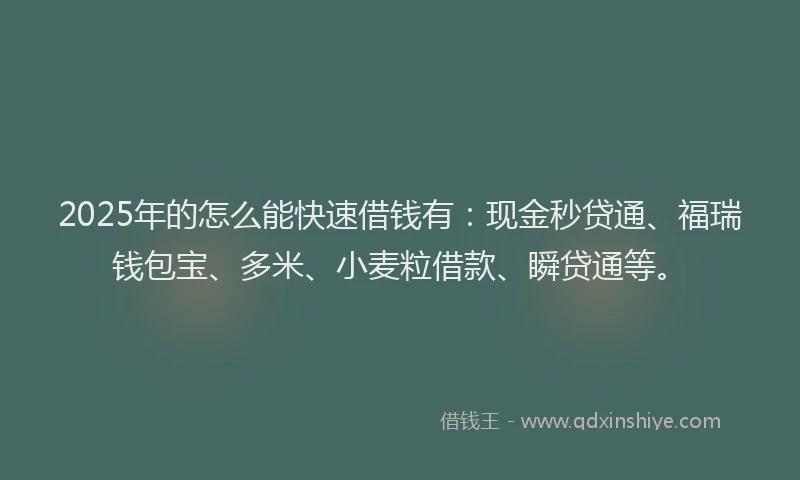 2025年的怎么能快速借钱有：现金秒贷通、福瑞钱包宝、多米、小麦粒借款、瞬贷通等。