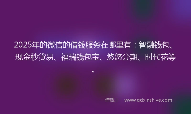2025年的微信的借钱服务在哪里有：智融钱包、现金秒贷易、福瑞钱包宝、悠悠分期、时代花等。