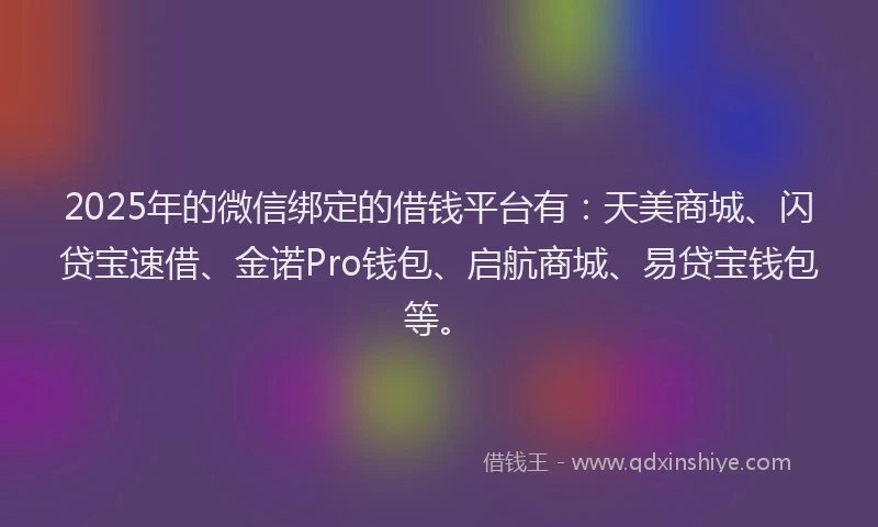 2025年的微信绑定的借钱平台有：天美商城、闪贷宝速借、金诺Pro钱包、启航商城、易贷宝钱包等。