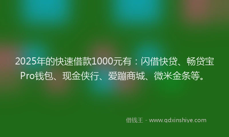 2025年的快速借款1000元有：闪借快贷、畅贷宝Pro钱包、现金侠行、爱蹦商城、微米金条等。