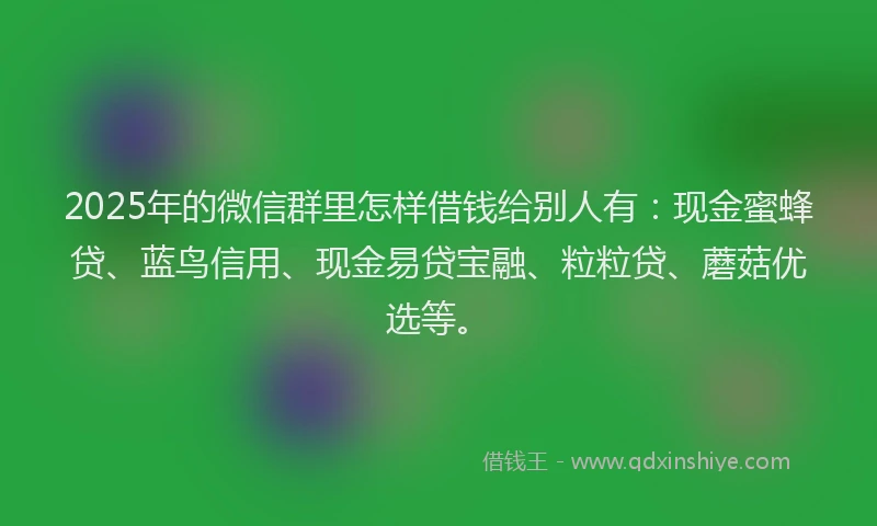2025年的微信群里怎样借钱给别人有：现金蜜蜂贷、蓝鸟信用、现金易贷宝融、粒粒贷、蘑菇优选等。
