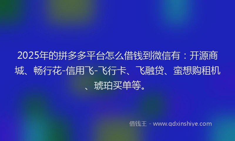2025年的拼多多平台怎么借钱到微信有：开源商城、畅行花-信用飞-飞行卡、飞融贷、蛮想购租机、琥珀买单等。