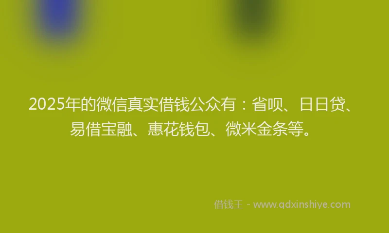 2025年的微信真实借钱公众有：省呗、日日贷、易借宝融、惠花钱包、微米金条等。