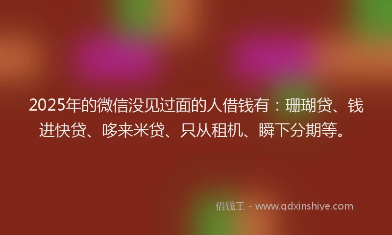 2025年的微信没见过面的人借钱有：珊瑚贷、钱进快贷、哆来米贷、只从租机、瞬下分期等。