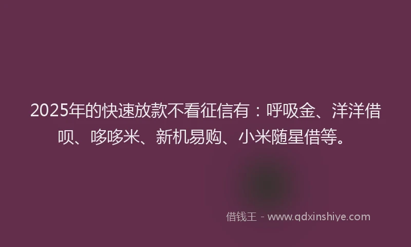 2025年的快速放款不看征信有：呼吸金、洋洋借呗、哆哆米、新机易购、小米随星借等。