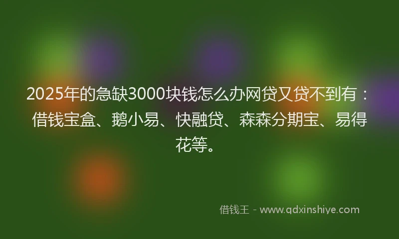2025年的急缺3000块钱怎么办网贷又贷不到有：借钱宝盒、鹅小易、快融贷、森森分期宝、易得花等。