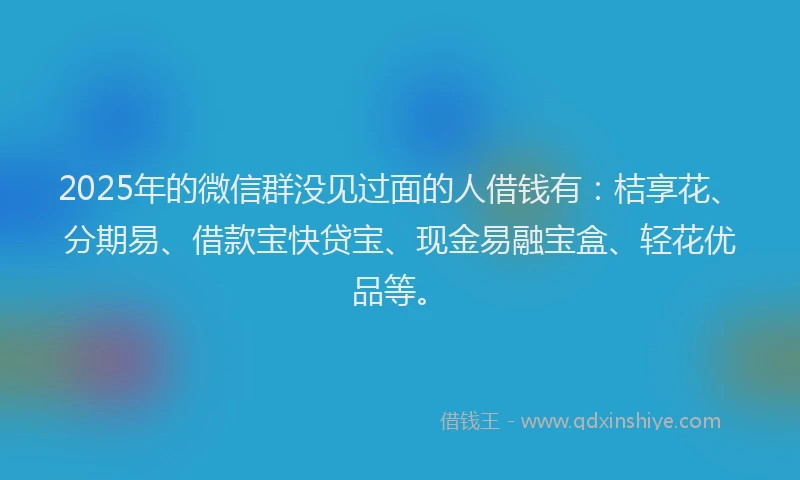 2025年的微信群没见过面的人借钱有：桔享花、分期易、借款宝快贷宝、现金易融宝盒、轻花优品等。