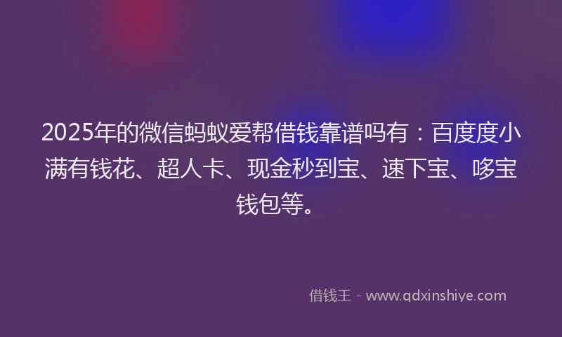 2025年的微信蚂蚁爱帮借钱靠谱吗有：百度度小满有钱花、超人卡、现金秒到宝、速下宝、哆宝钱包等。