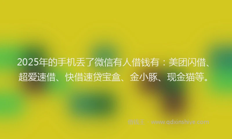 2025年的手机丢了微信有人借钱有：美团闪借、超爱速借、快借速贷宝盒、金小豚、现金猫等。