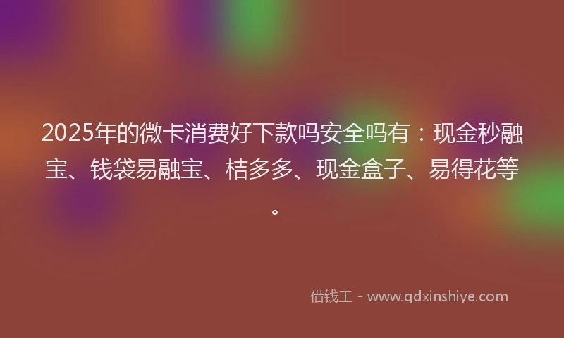 2025年的微卡消费好下款吗安全吗有：现金秒融宝、钱袋易融宝、桔多多、现金盒子、易得花等。