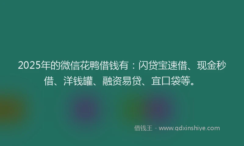 2025年的微信花鸭借钱有：闪贷宝速借、现金秒借、洋钱罐、融资易贷、宜口袋等。