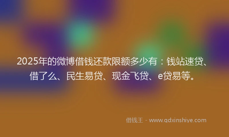 2025年的微博借钱还款限额多少有：钱站速贷、借了么、民生易贷、现金飞贷、e贷易等。
