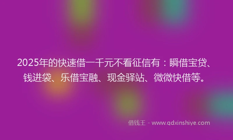 2025年的快速借一千元不看征信有：瞬借宝贷、钱进袋、乐借宝融、现金驿站、微微快借等。