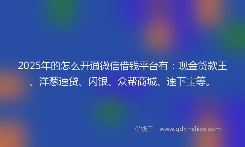 2025年的怎么开通微信借钱平台有：现金贷款王、洋葱速贷、闪银、众帮商城、速下宝等。
