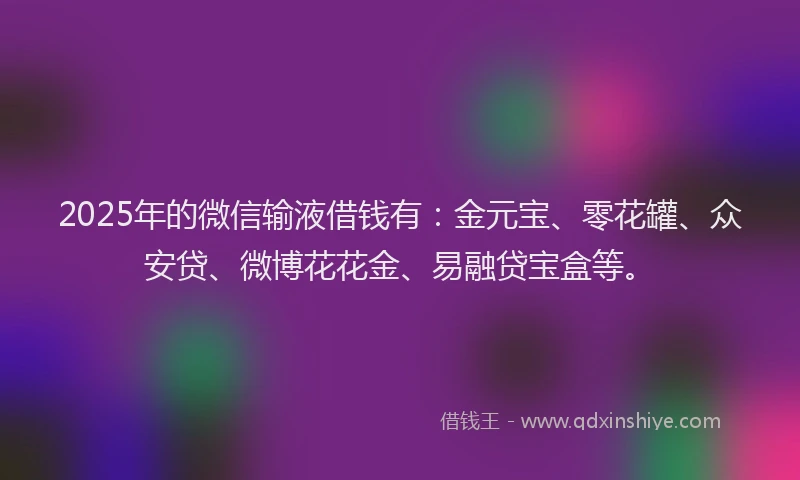 2025年的微信输液借钱有：金元宝、零花罐、众安贷、微博花花金、易融贷宝盒等。