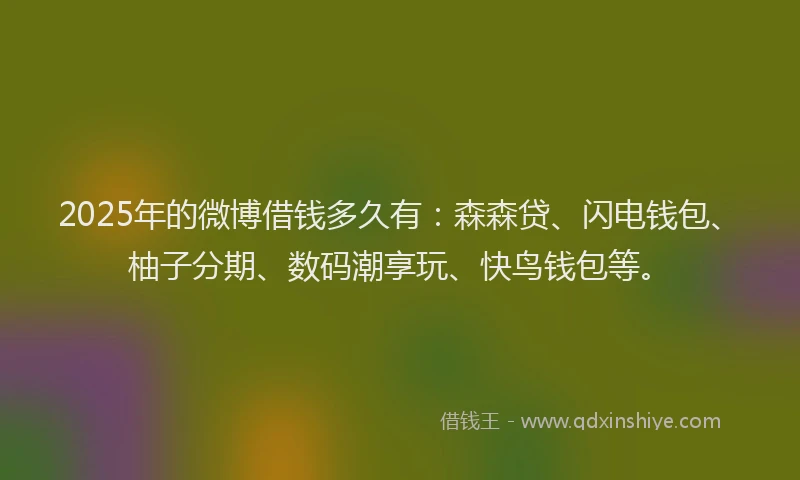 2025年的微博借钱多久有：森森贷、闪电钱包、柚子分期、数码潮享玩、快鸟钱包等。