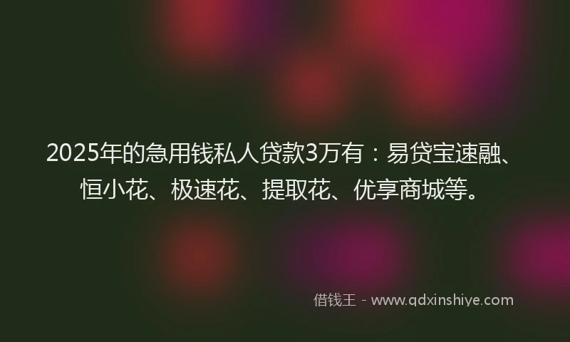 2025年的急用钱私人贷款3万有：易贷宝速融、恒小花、极速花、提取花、优享商城等。