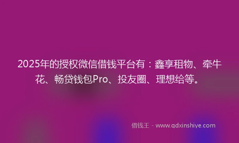 2025年的授权微信借钱平台有：鑫享租物、牵牛花、畅贷钱包Pro、投友圈、理想给等。