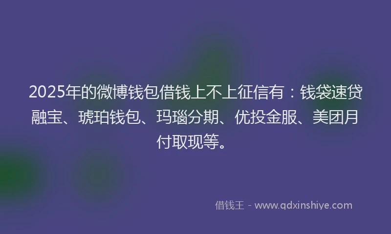 2025年的微博钱包借钱上不上征信有：钱袋速贷融宝、琥珀钱包、玛瑙分期、优投金服、美团月付取现等。