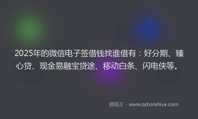 2025年的微信电子签借钱找谁借有：好分期、臻心贷、现金易融宝贷途、移动白条、闪电侠等。