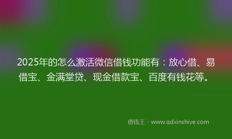 2025年的怎么激活微信借钱功能有：放心借、易借宝、金满堂贷、现金借款宝、百度有钱花等。