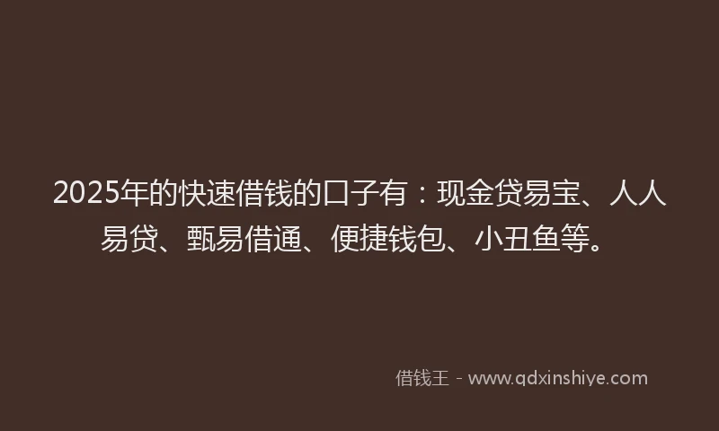 2025年的快速借钱的口子有：现金贷易宝、人人易贷、甄易借通、便捷钱包、小丑鱼等。