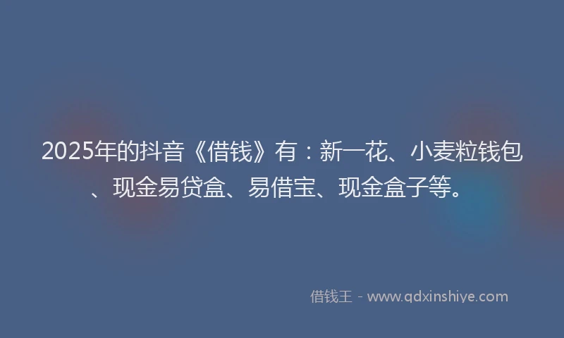 2025年的抖音《借钱》有：新一花、小麦粒钱包、现金易贷盒、易借宝、现金盒子等。