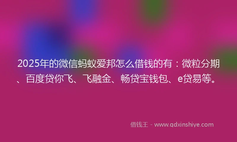 2025年的微信蚂蚁爱邦怎么借钱的有：微粒分期、百度贷你飞、飞融金、畅贷宝钱包、e贷易等。