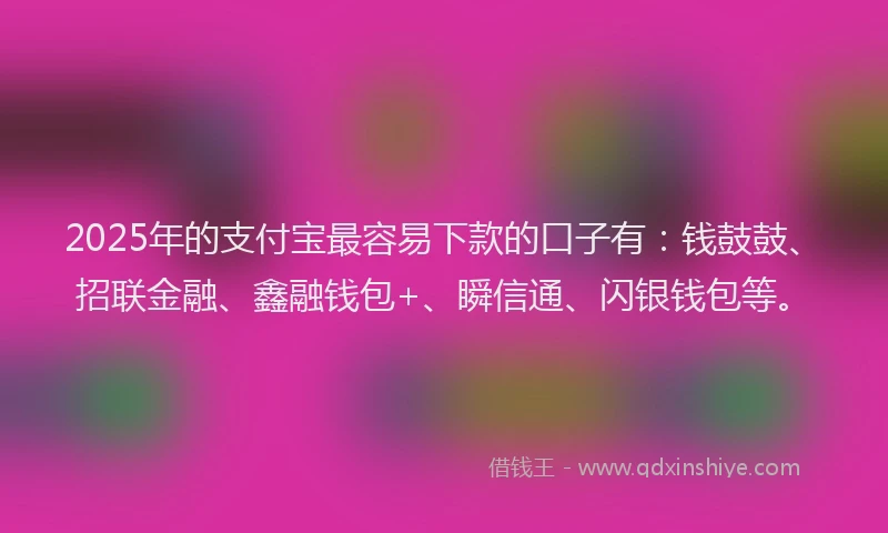2025年的支付宝最容易下款的口子有：钱鼓鼓、招联金融、鑫融钱包+、瞬信通、闪银钱包等。