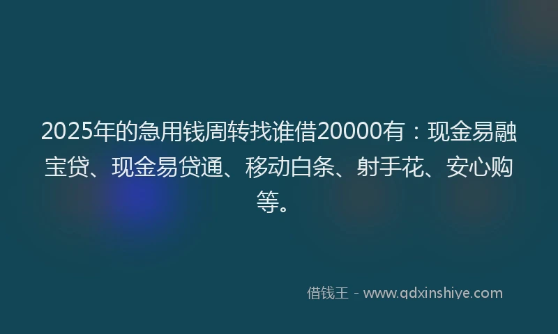2025年的急用钱周转找谁借20000有：现金易融宝贷、现金易贷通、移动白条、射手花、安心购等。