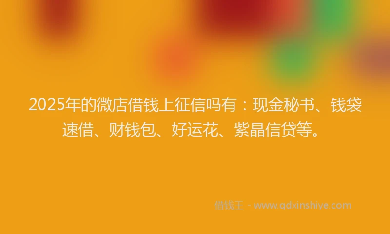 2025年的微店借钱上征信吗有：现金秘书、钱袋速借、财钱包、好运花、紫晶信贷等。