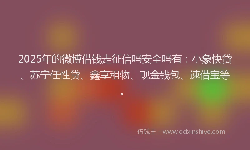 2025年的微博借钱走征信吗安全吗有：小象快贷、苏宁任性贷、鑫享租物、现金钱包、速借宝等。